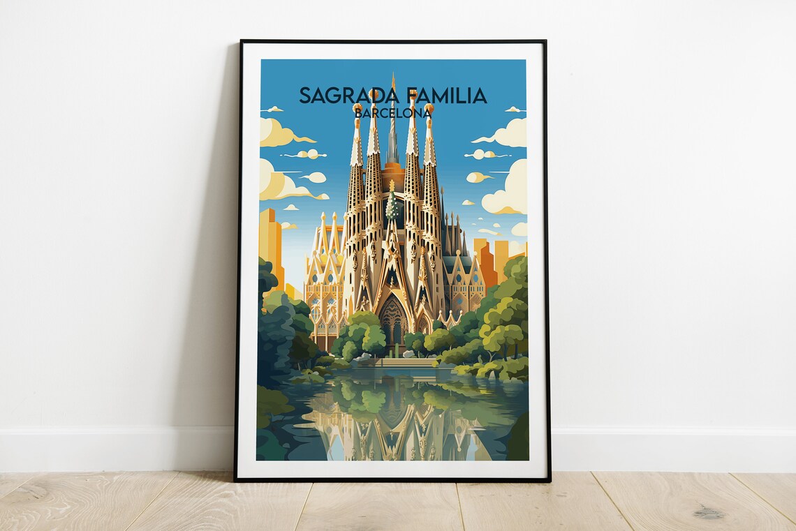 Sagrada Familia Barcelona Travel Poster Blue Sky City Artwork