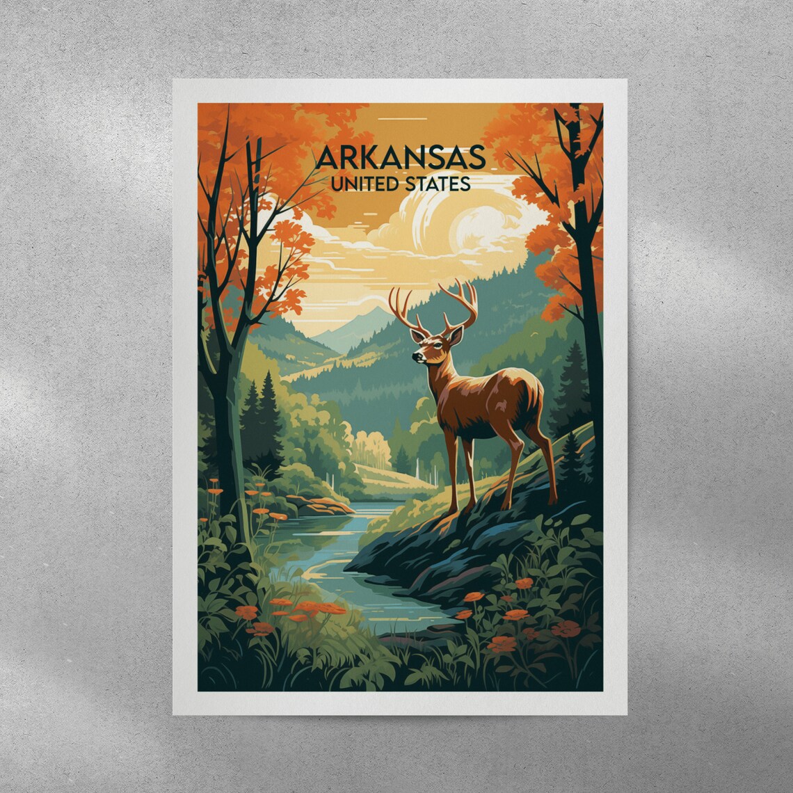 Arkansas United States Autumn Deer Forest River Retro Travel Poster - Image 3