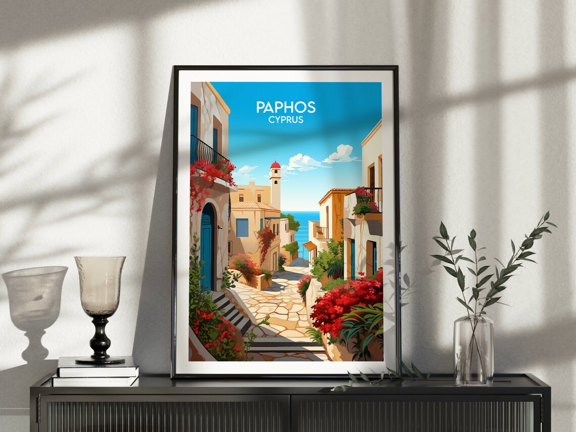 Paphos Cyprus Travel Poster Charming Old Town Street Sea Artwork - Image 4
