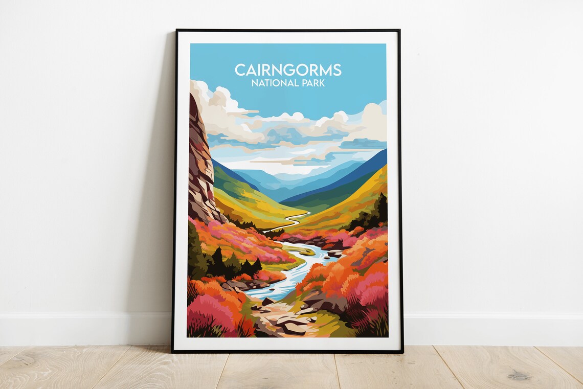 Cairngorms National Park Autumn Valley River Crag Vintage Travel Poster