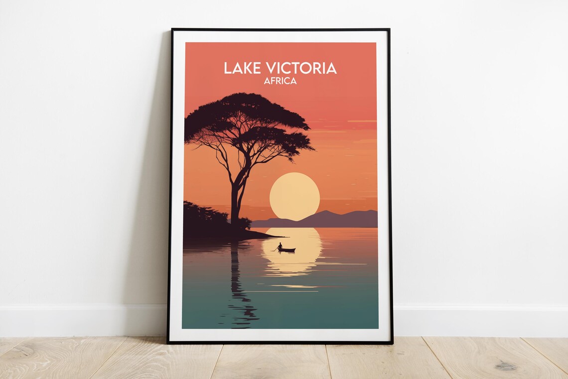 Lake Victoria Africa Sunset Canoe Acacia Retro Travel Poster