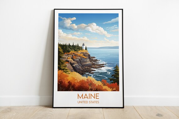 Maine Lighthouse Rocky Coast Autumn Retro Travel Destination Poster