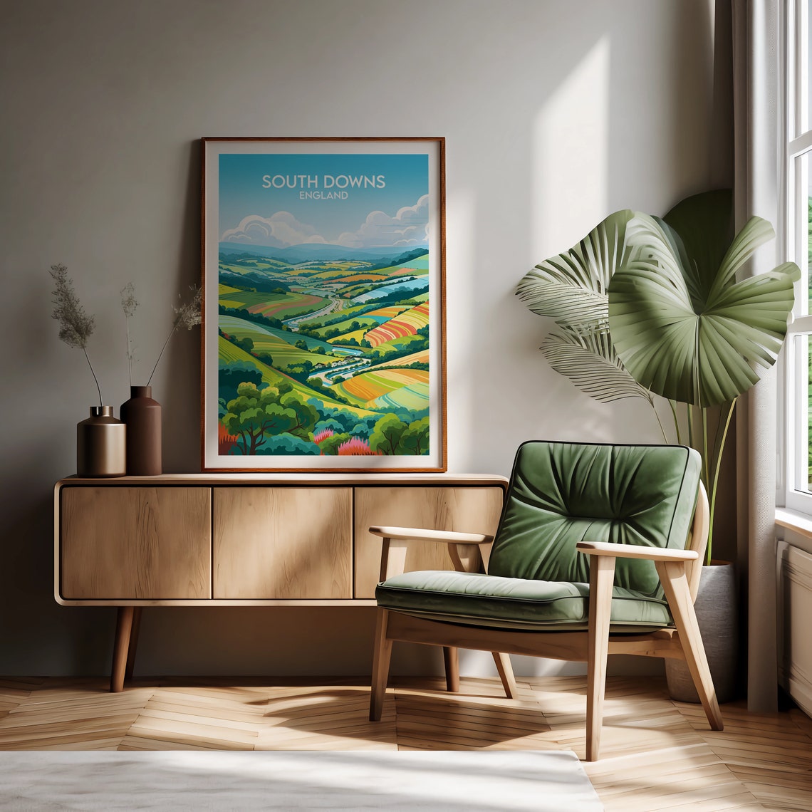 South Downs England Colorful Patchwork Rolling Hills Travel Poster - Image 2
