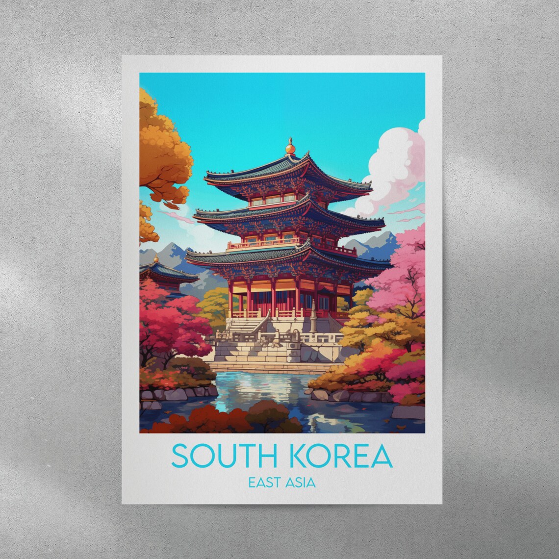 South Korea East Asia Temple Pagoda Pink Blossom Pond Travel Poster - Image 4
