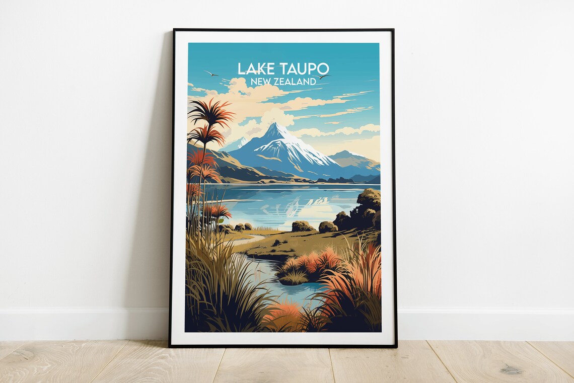 Lake Taupo New Zealand Volcano Lake Scenic Colorful Travel Poster