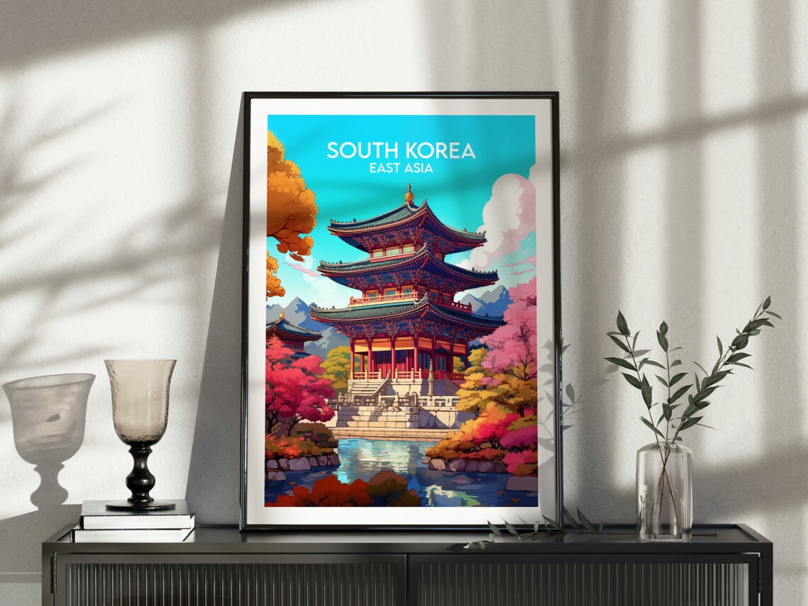 South Korea East Asia Pagoda Temple Blossom Lake Colorful Travel Print - Image 5