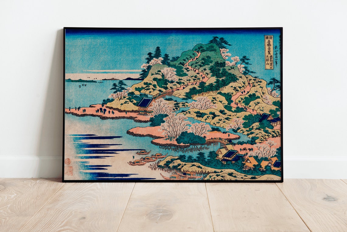 Vintage Japanese Coastal Landscape Cherry Blossoms Woodblock Print