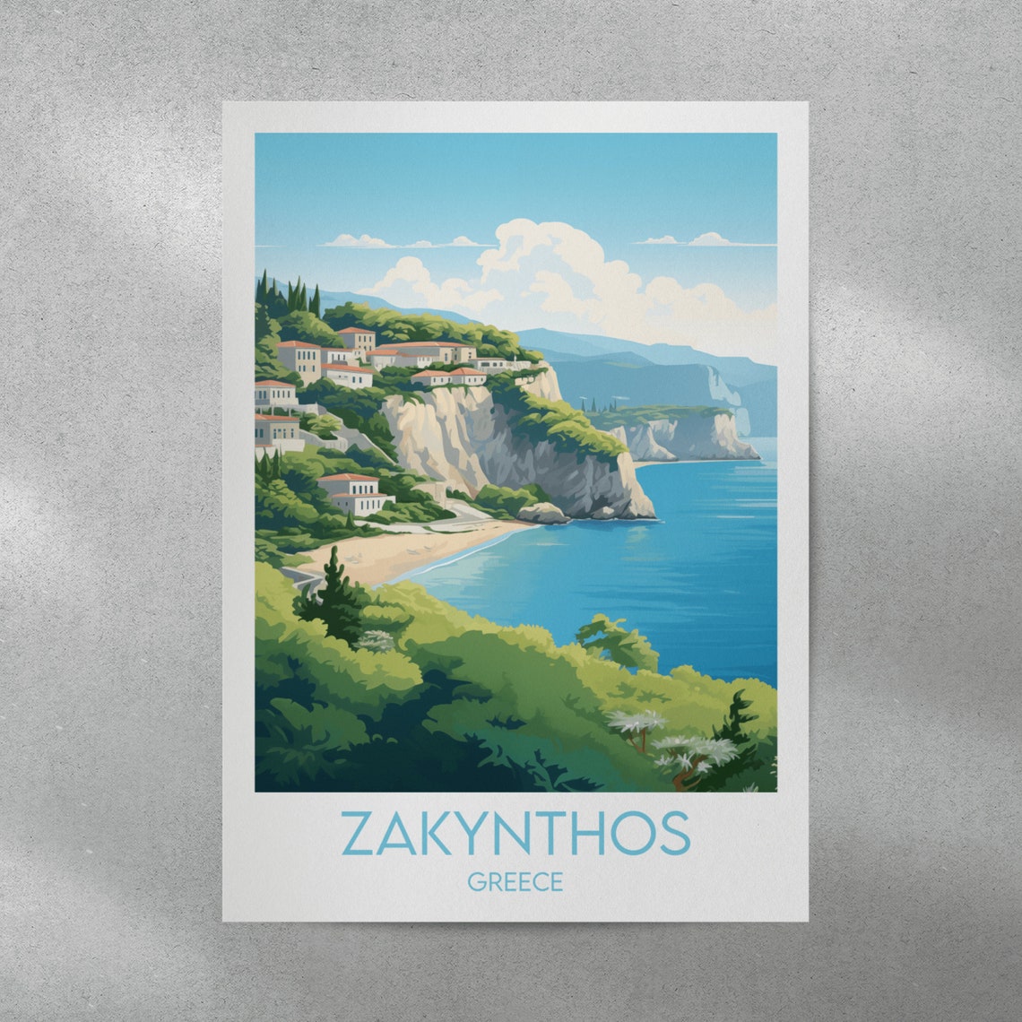 Zakynthos Greece Cliff Beach Hillside Village Coast View Travel Poster - Image 3