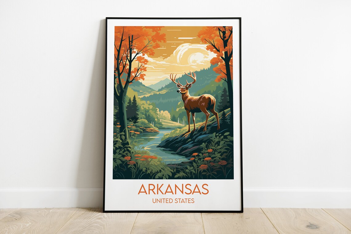 Arkansas United States Whitetail Deer Forest Landscape Travel Poster