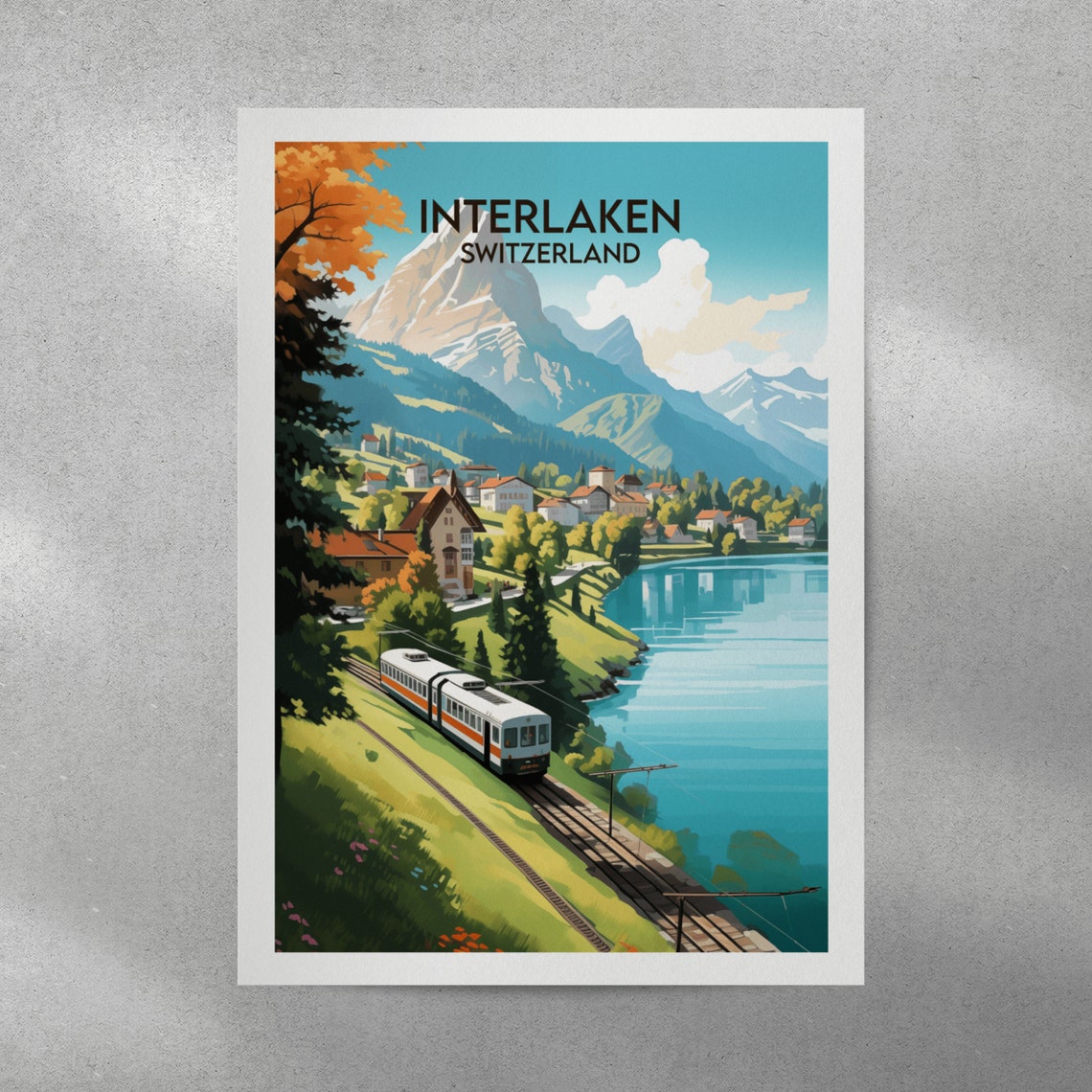 Interlaken Switzerland Alpine Train and Lake View Vintage Style Poster - Image 4