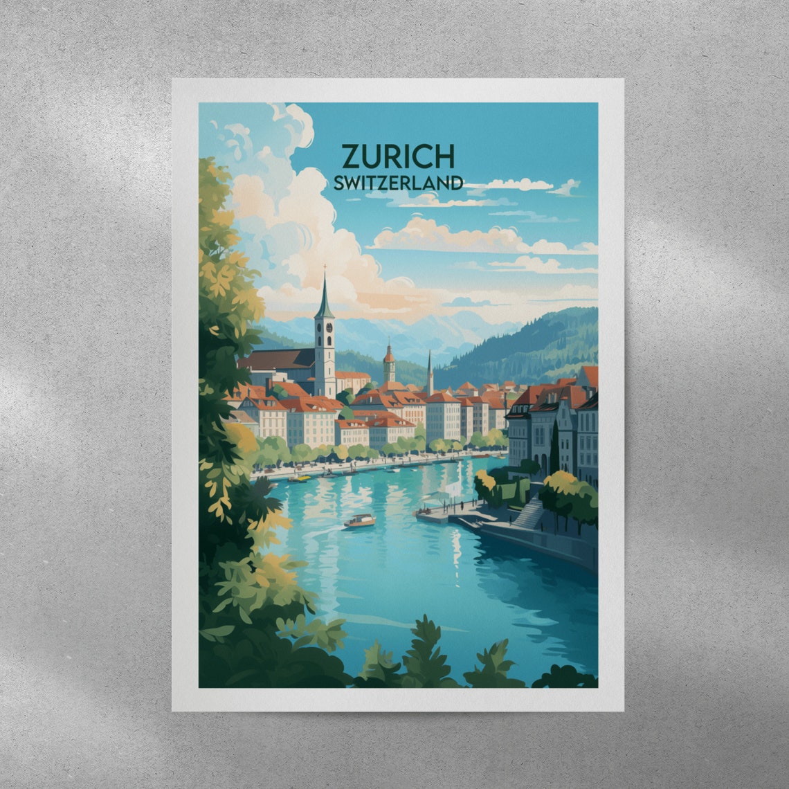 Zurich Switzerland Old Town River Spires Hills View Travel Poster - Image 3