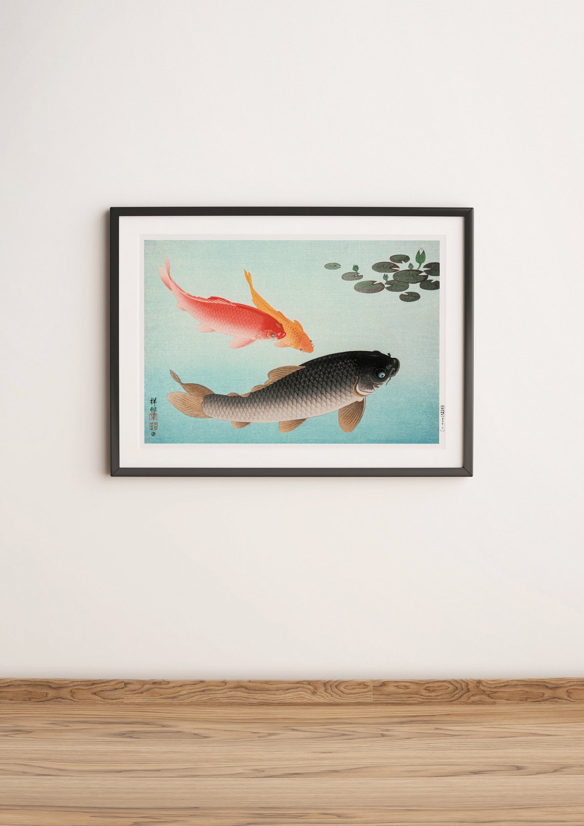 Japanese Koi Fish Woodblock Carp and Water Lilies Art Poster - Image 3