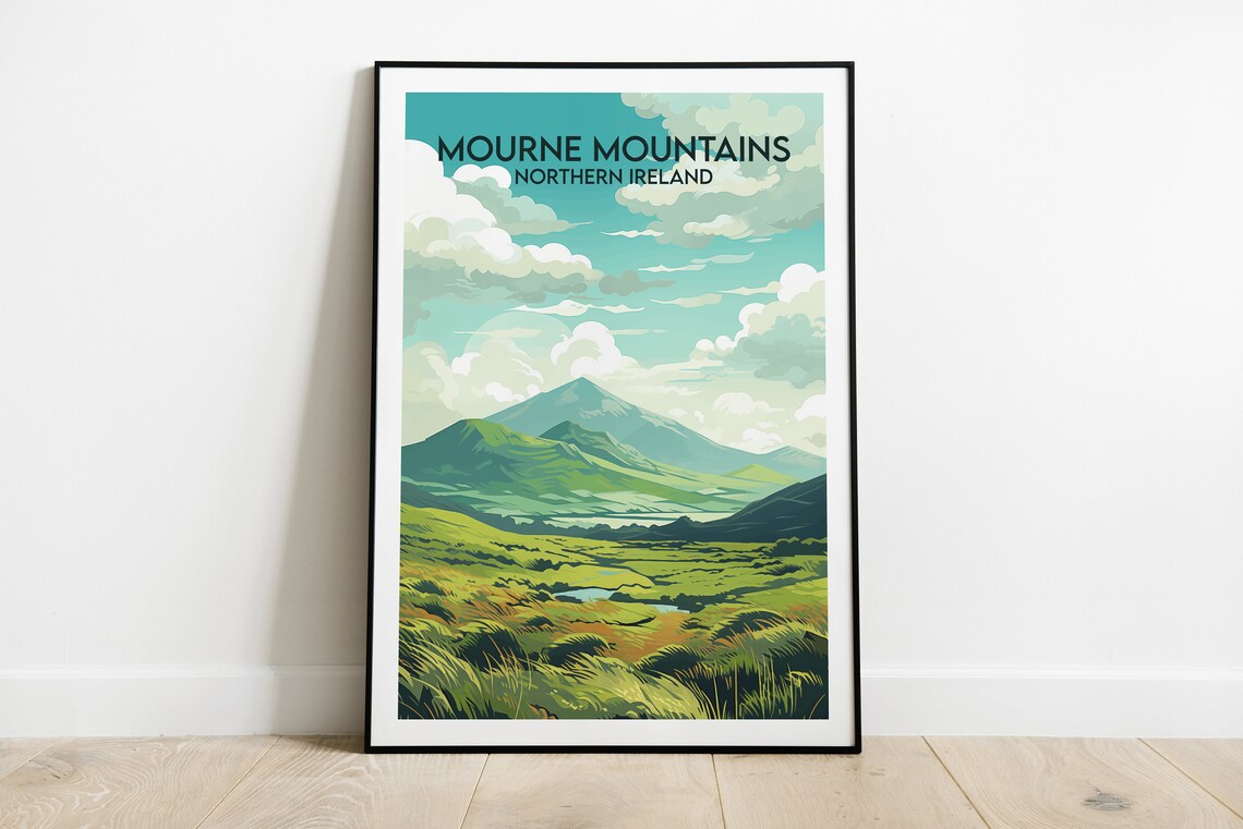 Scenic Mourne Mountains Northern Ireland Green Peaks Travel Poster
