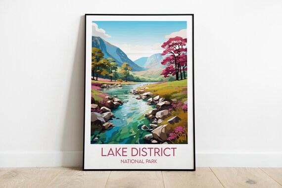 Lake District National Park Stream Valley Pink Tree Scenic Poster