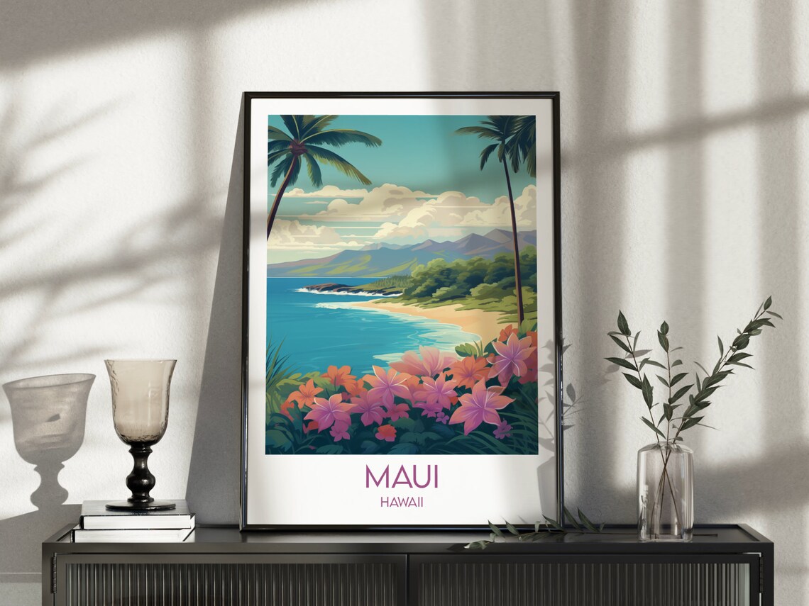 Maui Hawaii Tropical Island Beach Floral Coast Retro Travel Poster - Image 3