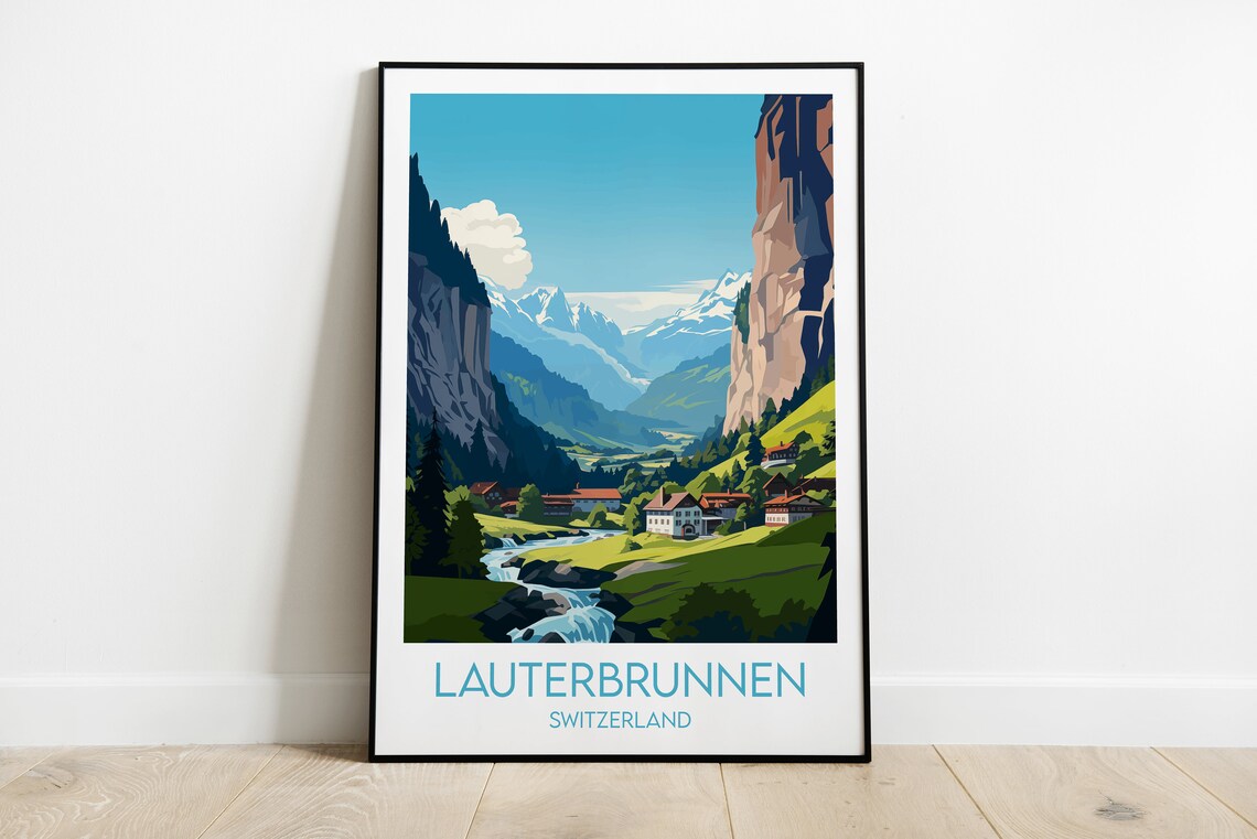 Lauterbrunnen Switzerland Waterfall Valley Chalet Scene Poster