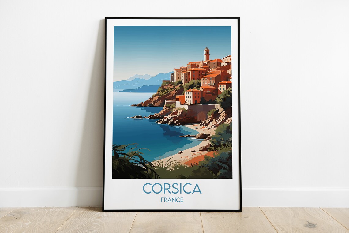 Corsica France Cliffside Village Bay Retro Travel Art Poster