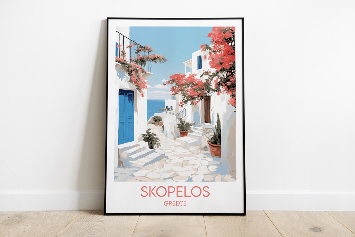 Skopelos Greece Travel Print White Island Village Bougainvillea Scene