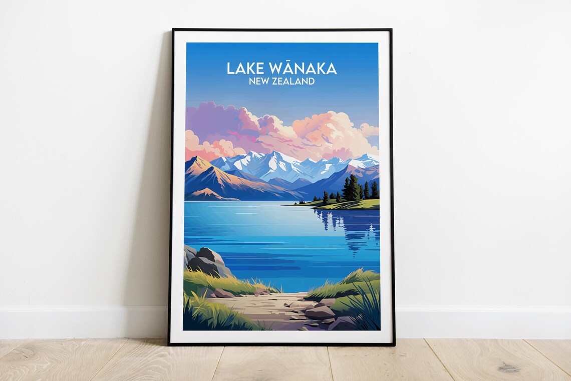 Lake Wānaka New Zealand Alpine Lake Snowy Peaks Vintage Poster