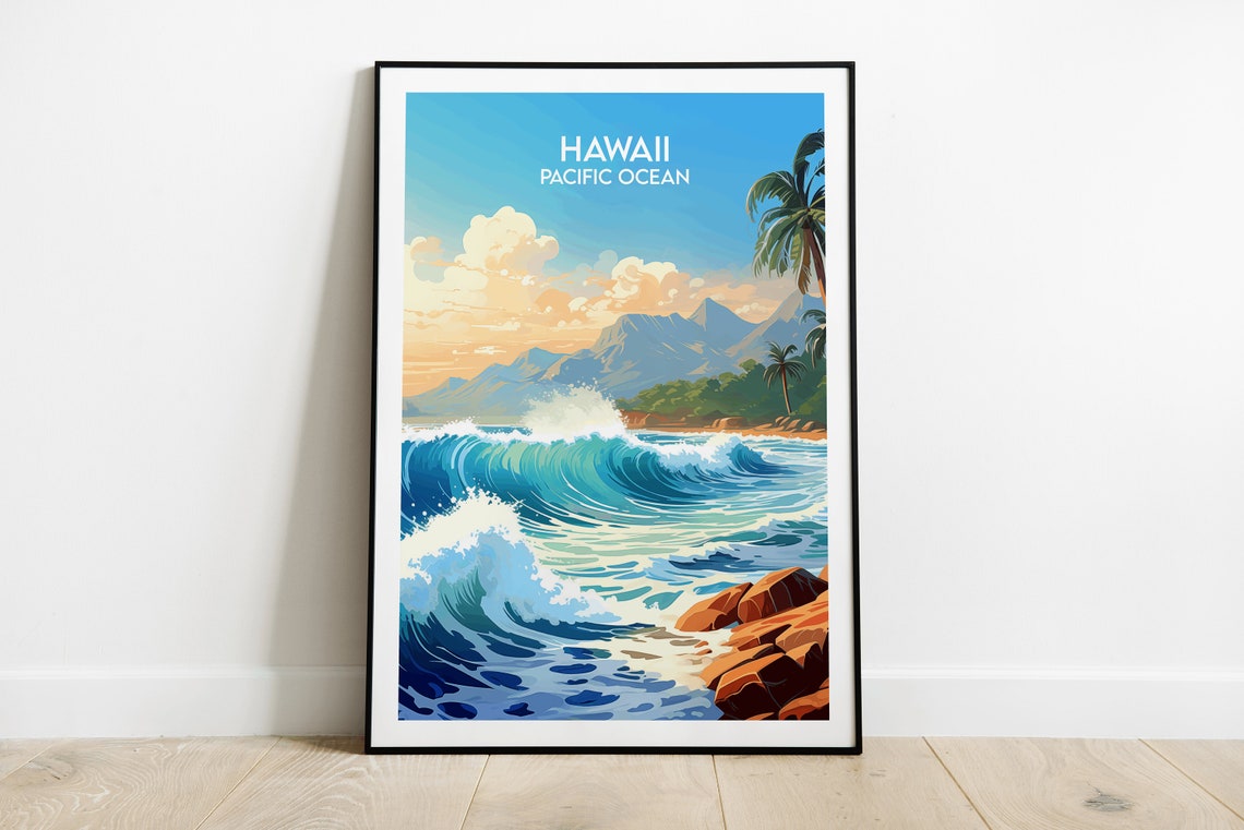 Hawaii Pacific Ocean Blue Surf Waves Retro Travel Art Poster
