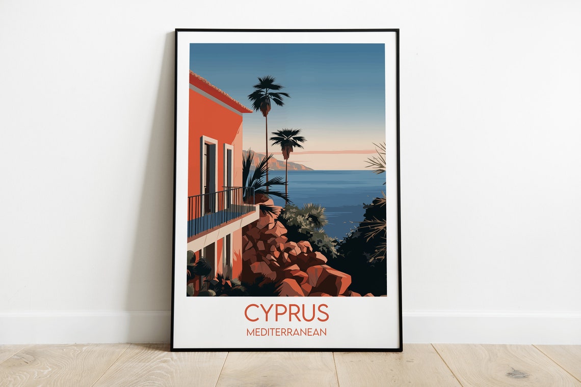 Cyprus Mediterranean Coastal Villa Sunset Palm Trees Travel Poster