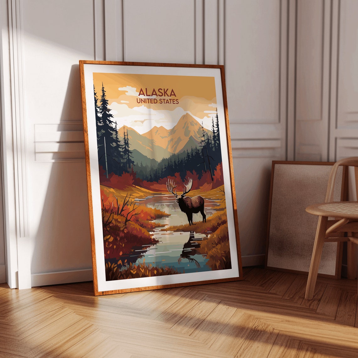 Alaska United States Moose Autumn Lake Wildlife Travel Poster - Image 2