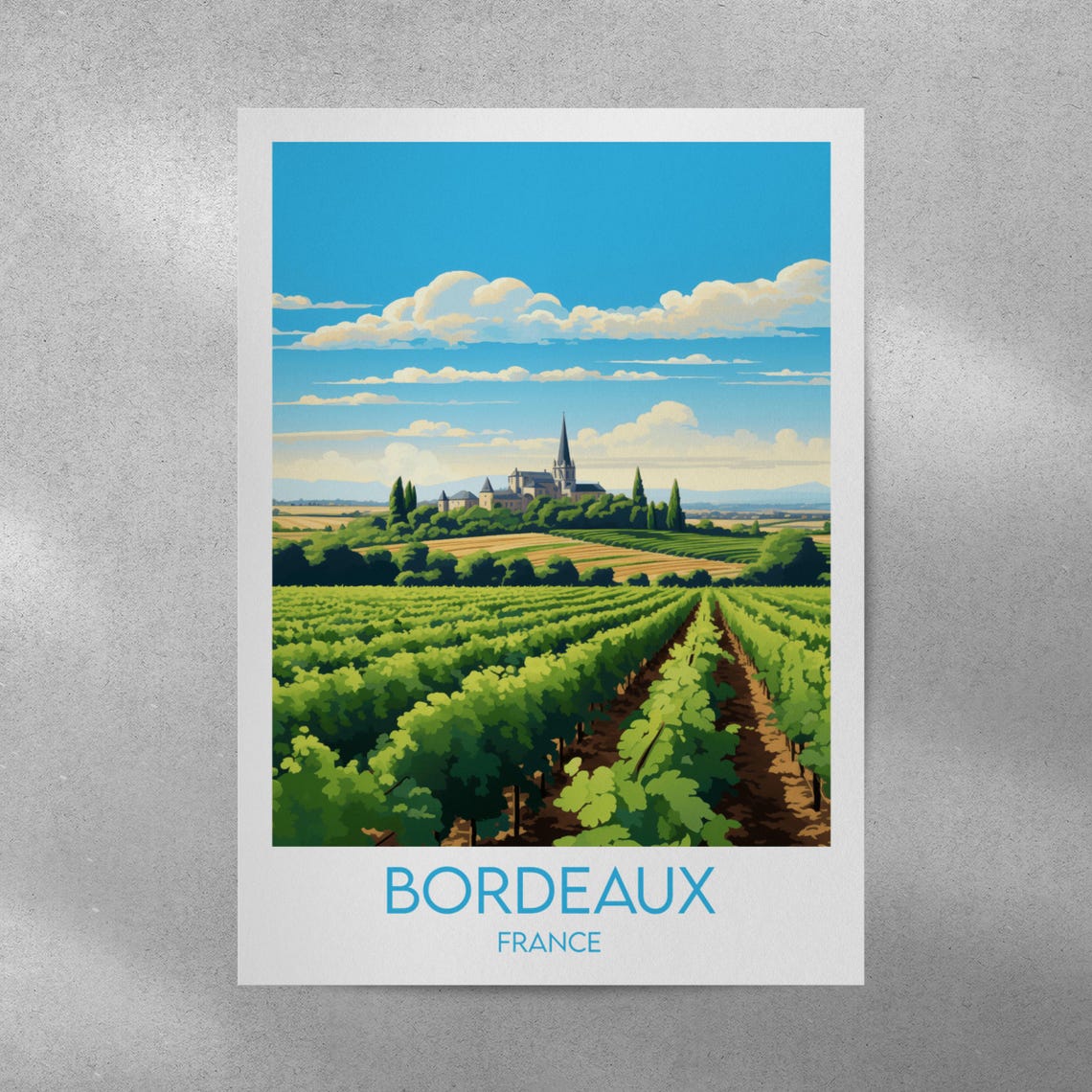 Bordeaux France Sunlit Vineyard Field Church View Travel Poster - Image 4