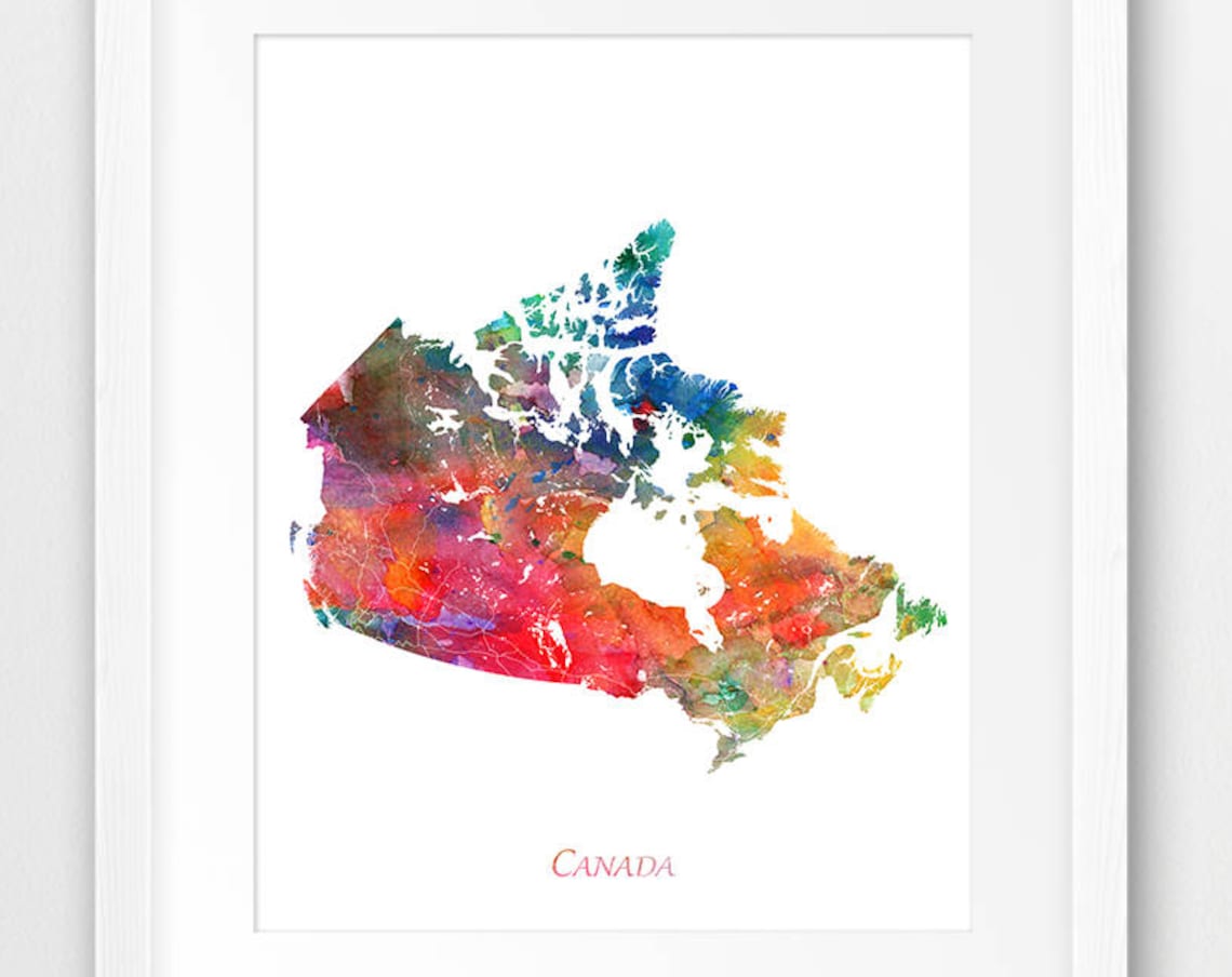 Canada Map Watercolor Travel Poster, Home Office Decor