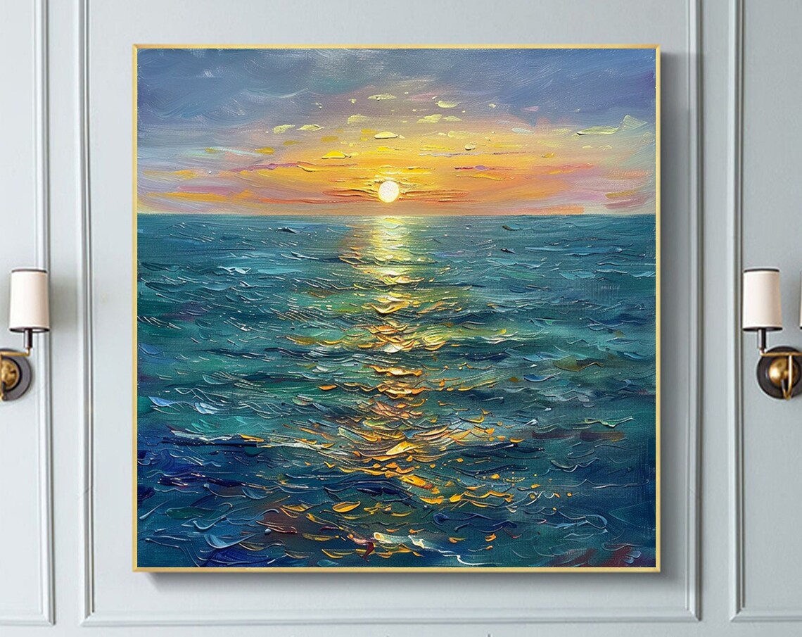 Abstract Sea Sunrise Oil Painting, Boho Art Print