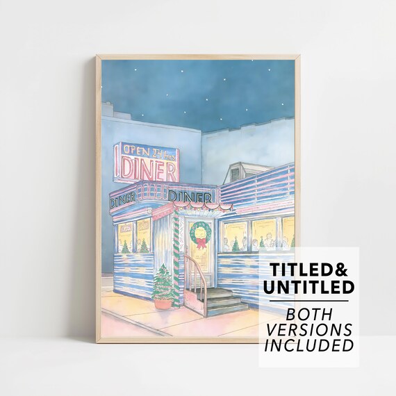 Neon Diner Open 24 Hours Christmas Wreath Snowy Night Poster