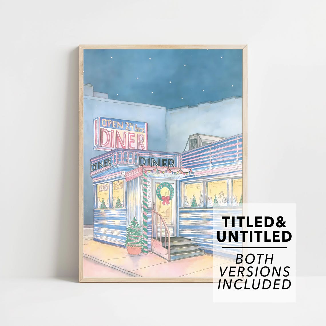 Neon Diner Open 24 Hours Christmas Wreath Snowy Night Poster
