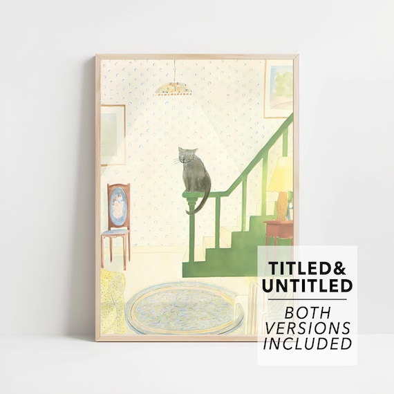 Gray Cat On Staircase Newel Post Cozy Vintage Interior Art Poster