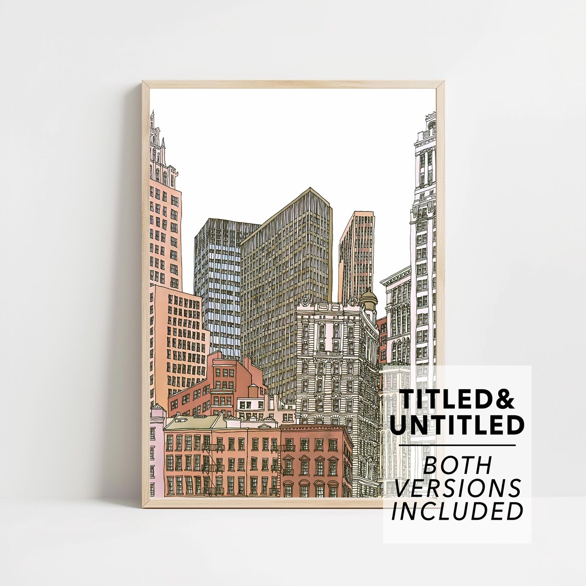 City Skyscraper Skyline Ink Line Art Watercolor Urban Architecture Poster