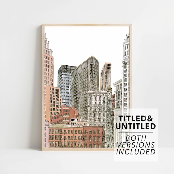 City Skyscraper Skyline Ink Line Art Watercolor Urban Architecture Poster
