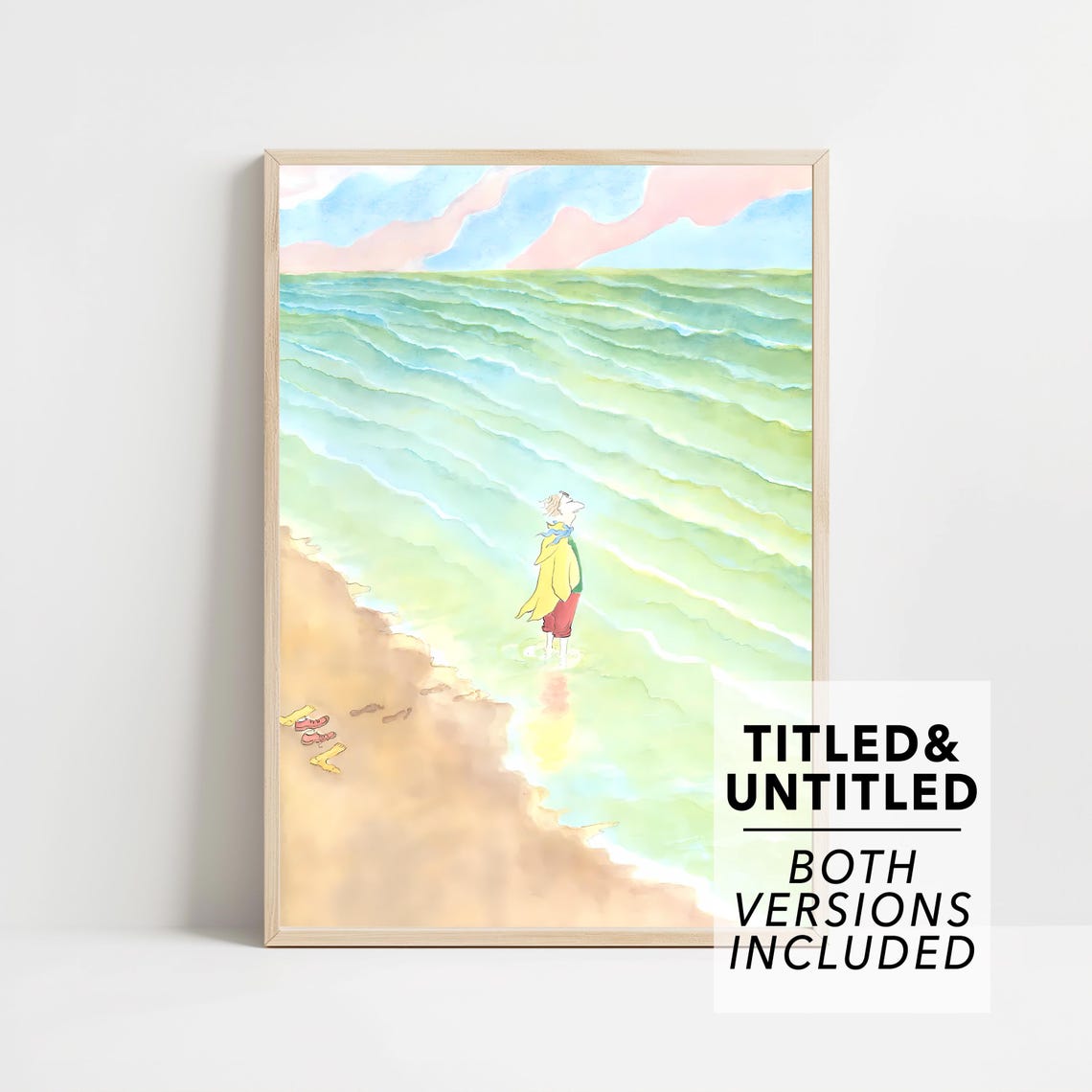 Beach Shoreline Watercolor Woman Gentle Waves Pastel Art Poster