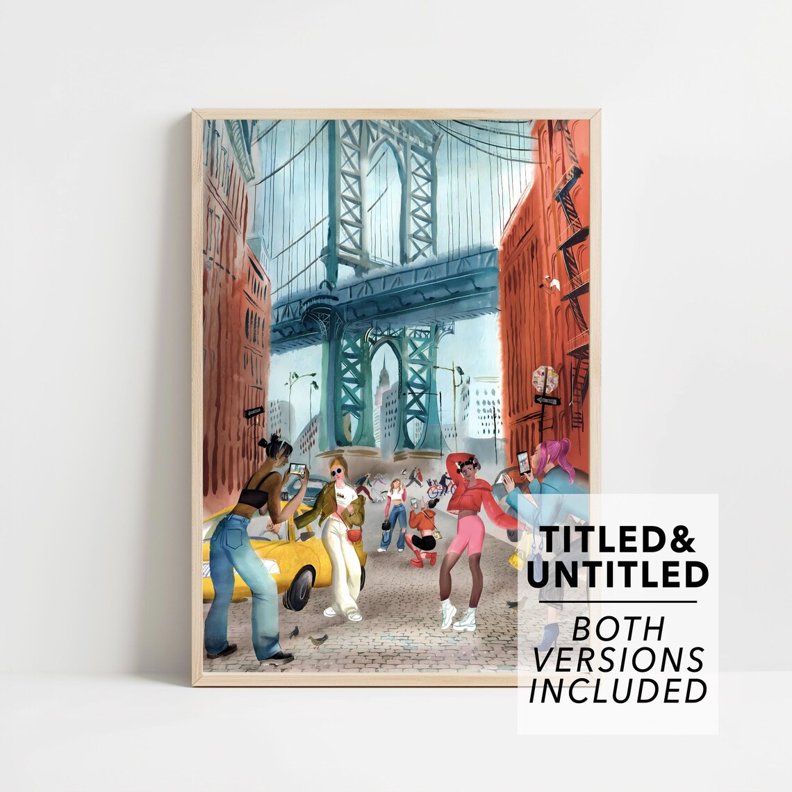 Manhattan Bridge Girls Street Scene Yellow Taxi Night Out Poster