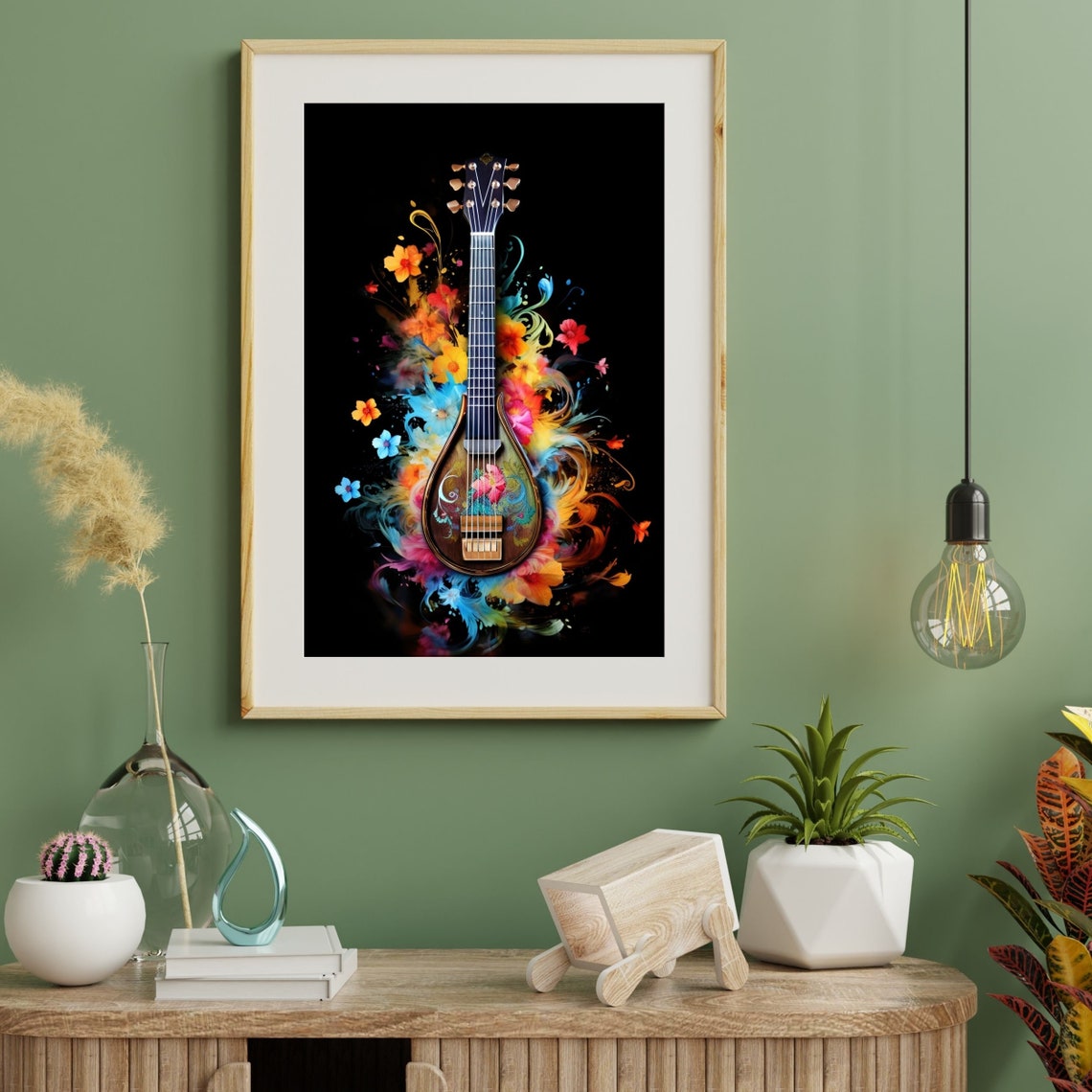 Baglama Turkish Lute Floral Watercolor Black Background Poster - Image 2