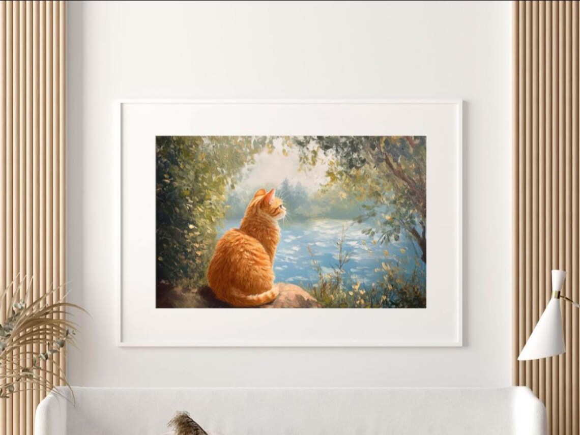 Golden Hour Watcher Cozy Cat By The Lake Art Print - Image 3