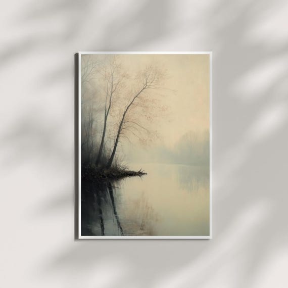 Tranquil Misty River, Soft Minimalist Landscape Art Print