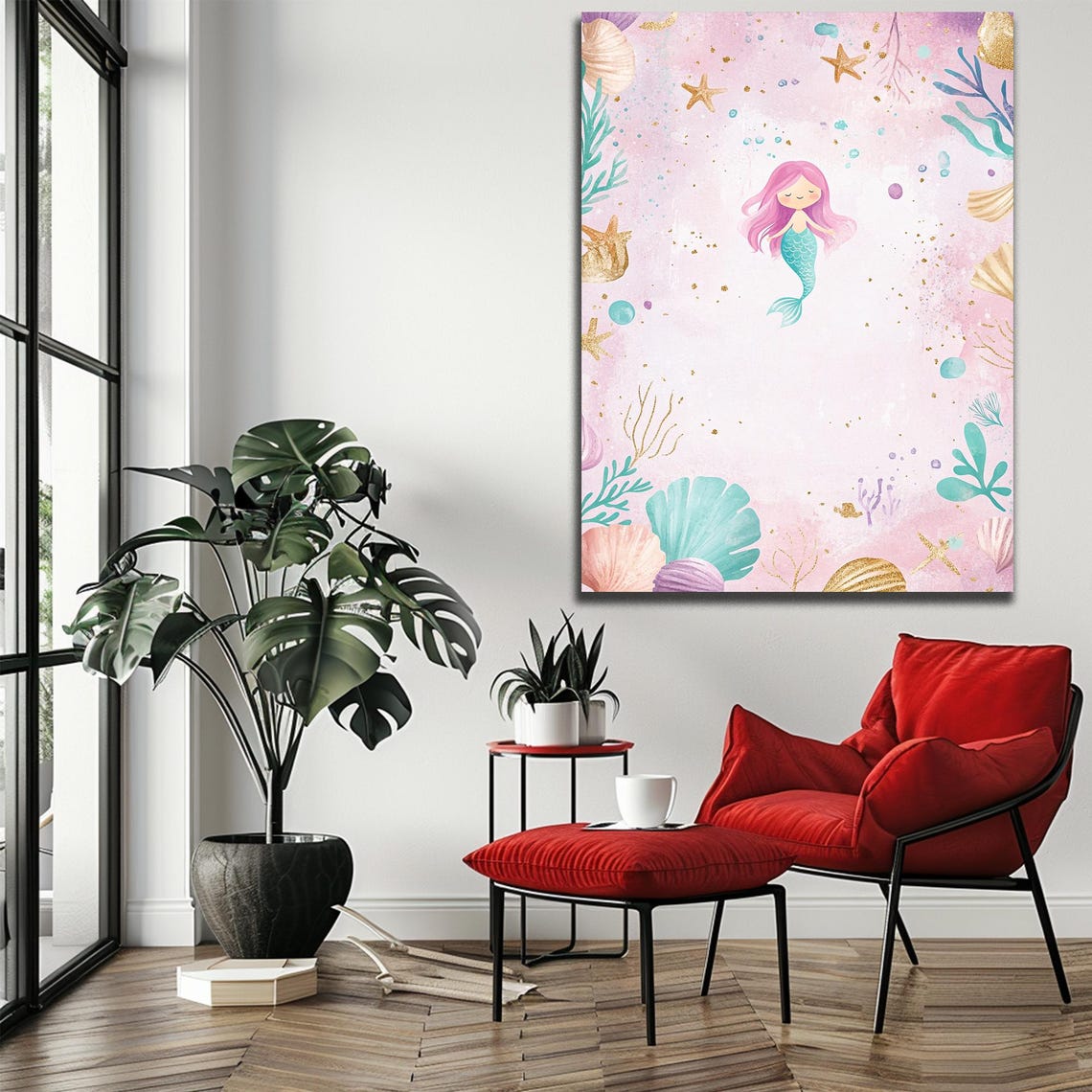 Pink Mermaid Baby Girl Nursery Watercolor Seashell Art Print - Image 3