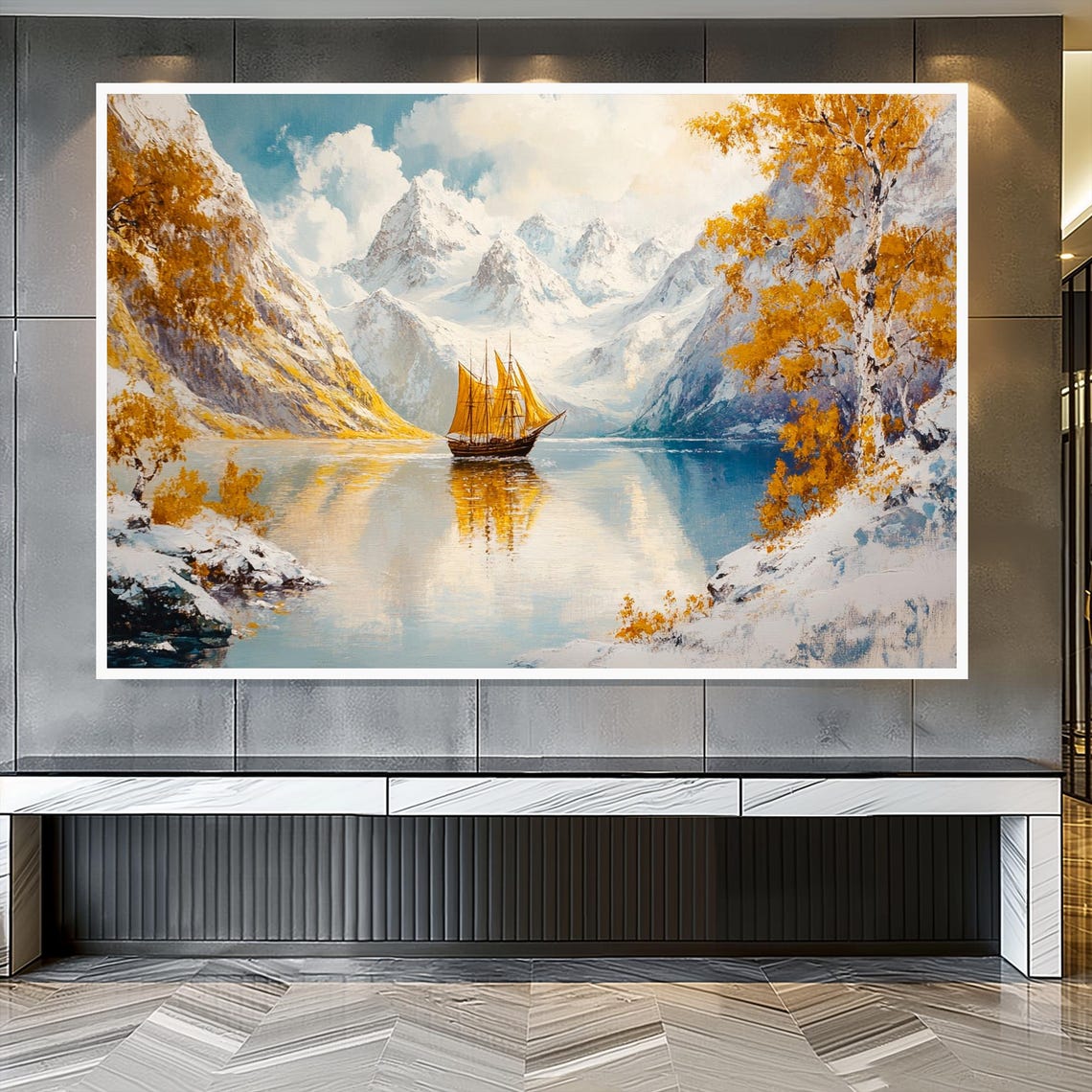 Golden Sailing Ship Snowy Fjord Golden Autumn Landscape Poster - Image 2