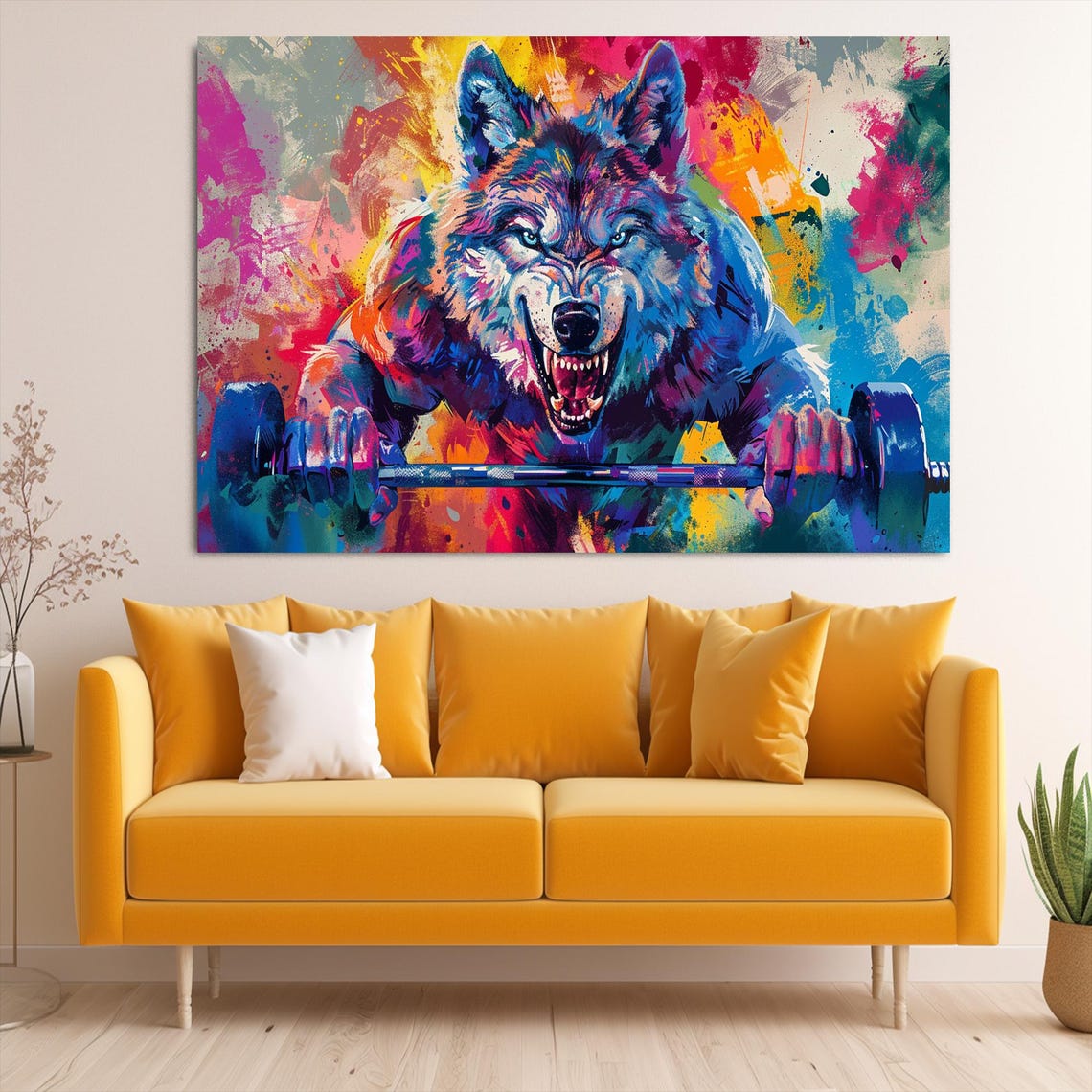 Fierce Wolf Weightlifting Barbell Neon Colorful Gym Motivation Poster - Image 2