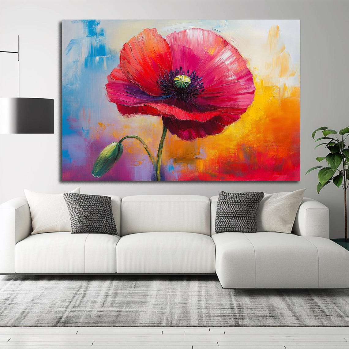 Vibrant Red Poppy Abstract Bloom Oil Modern Colorful Floral Wall Art - Image 2