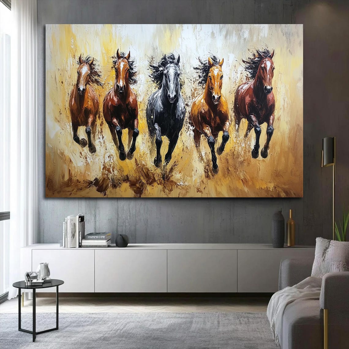Five Galloping Horses Dusty Trail Oil Painting Western Wall Art - Image 2