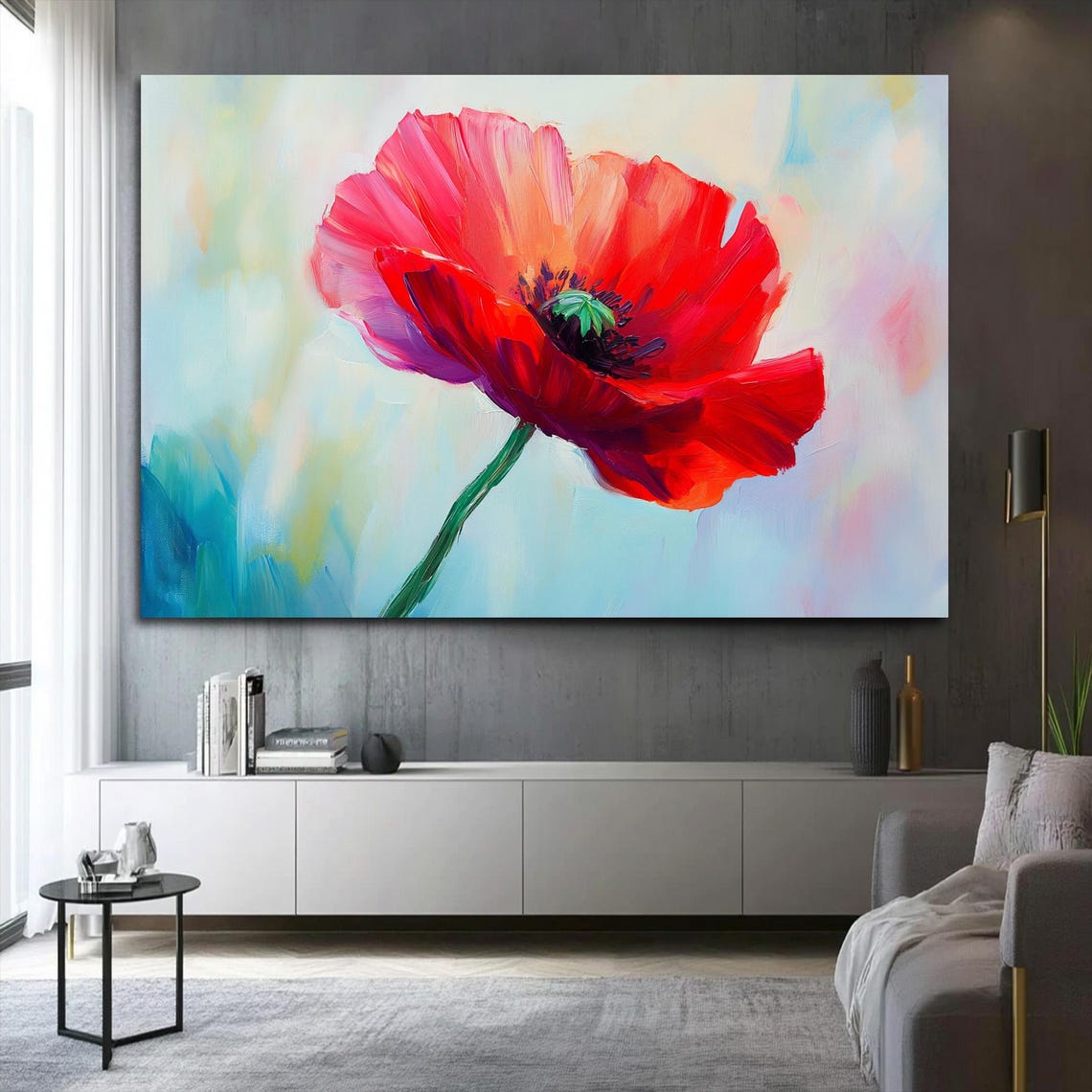 Red Poppy Single Bloom Oil Painting Bold Classic Floral Wall Art - Image 2