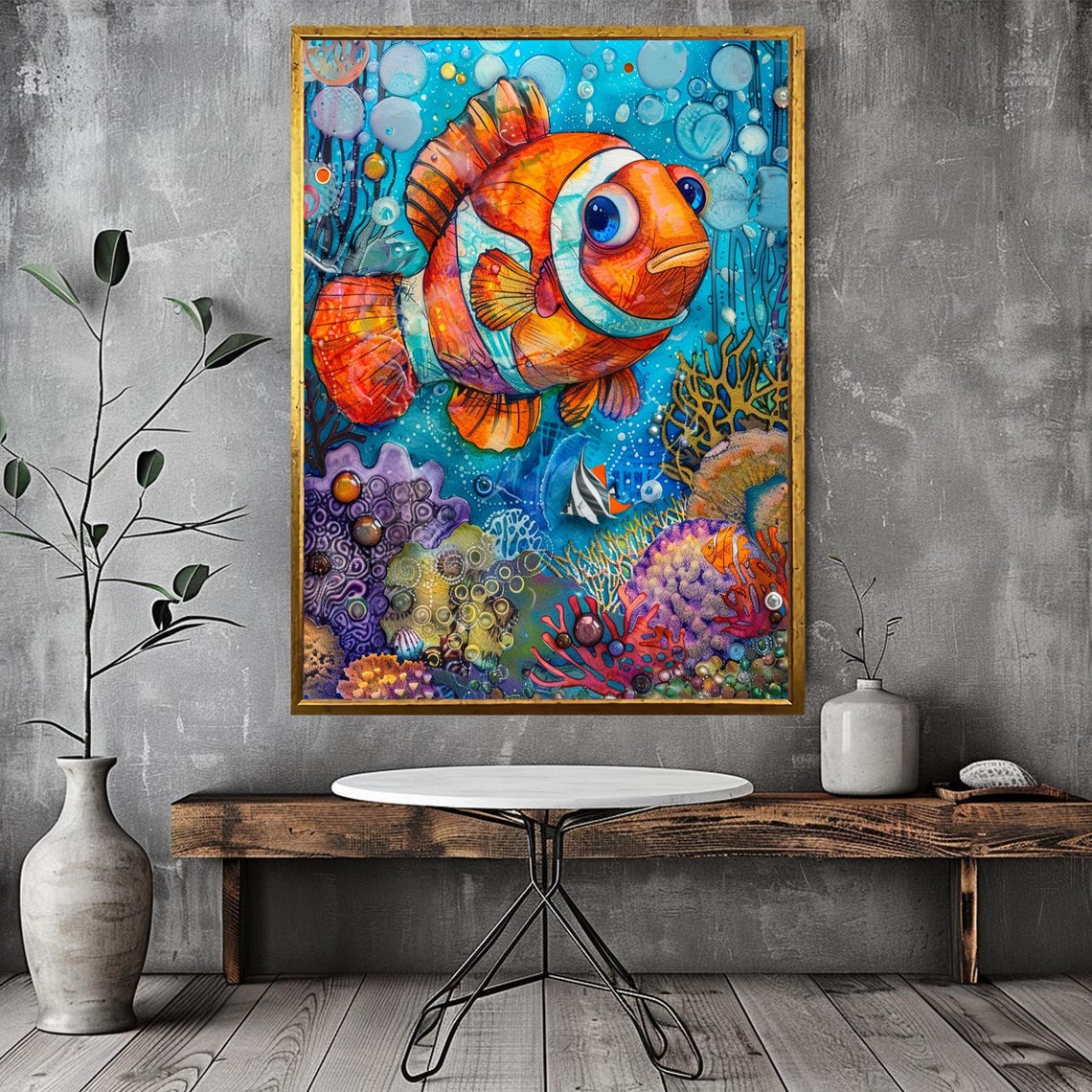 Cute Clownfish Coral Reef Cartoon Underwater Scene Art Print - Image 3