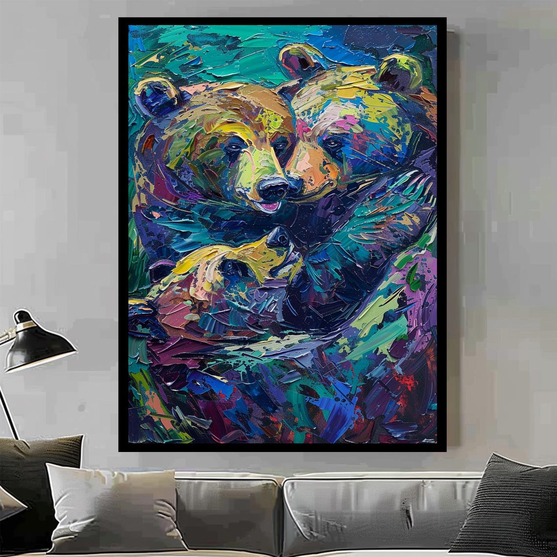 Colorful Bear Family Hug Thick Impasto Oil Style Wildlife Wall Art - Image 2