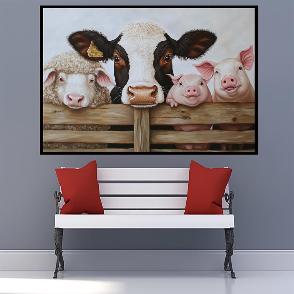Funny Farm Animals Cow Sheep Pigs Peeking Over Fence Barnyard Poster - Image 2