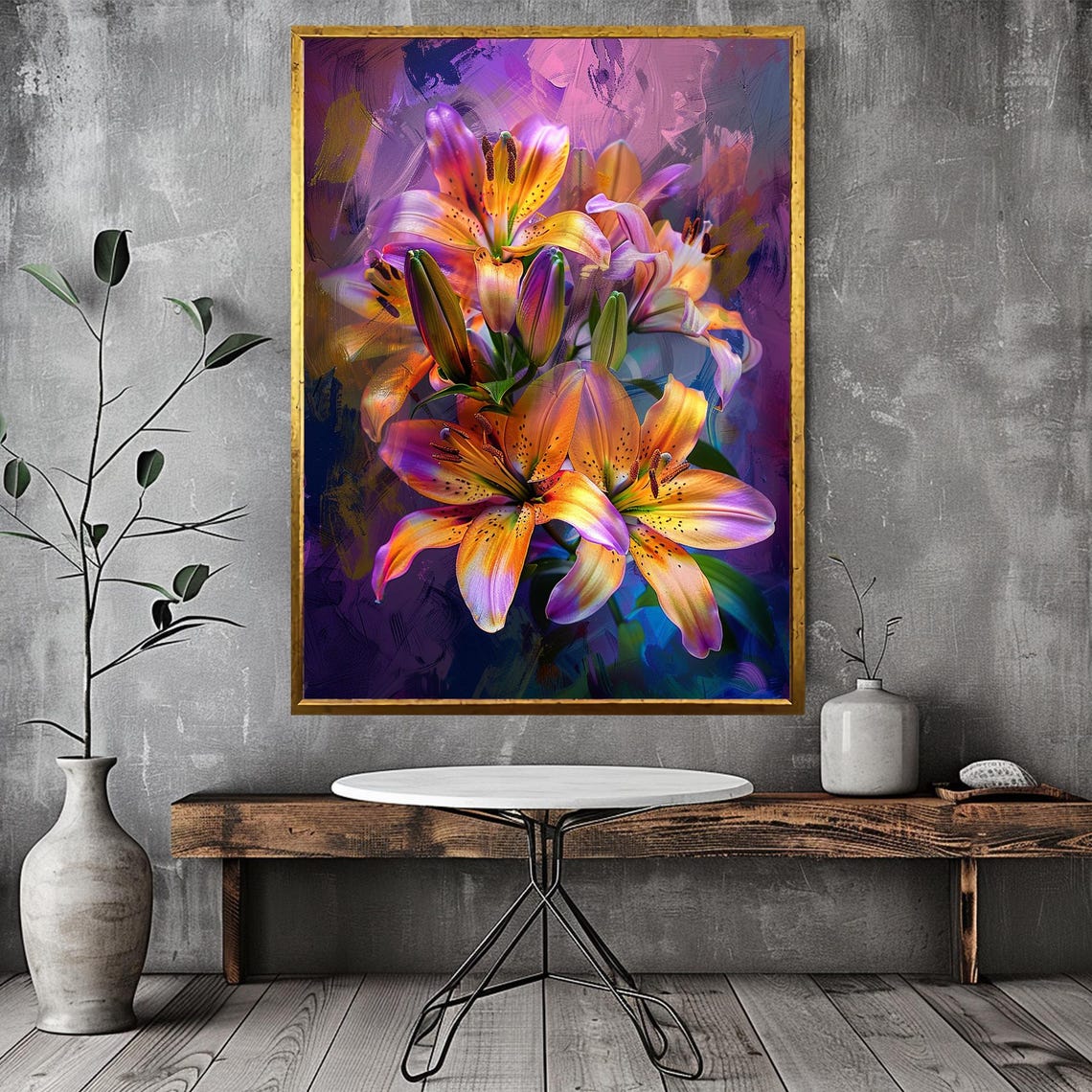 Orange Purple Lily Blossoms Painterly Floral Bouquet Close-Up Poster - Image 3