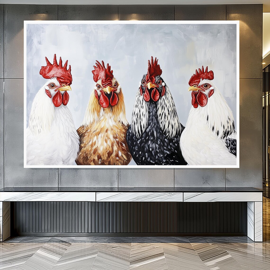 Four Colorful Roosters Farmhouse Animal Portrait Painting Print - Image 3